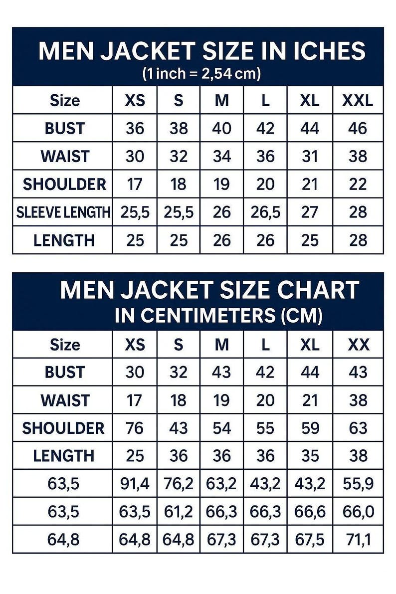 May include: A size chart for men's jackets, displaying measurements in inches and centimeters. The chart includes bust, waist, shoulder, sleeve length, and jacket length measurements for sizes XS to XXL. The text is in white on a dark blue background.