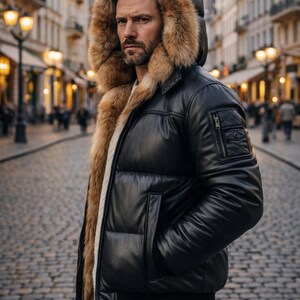 May include: Black leather jacket with a fur-lined hood. The jacket has a quilted design, a zipper pocket, and a ribbed hem. The fur trim is a light brown color. The jacket is worn over a white sweater.