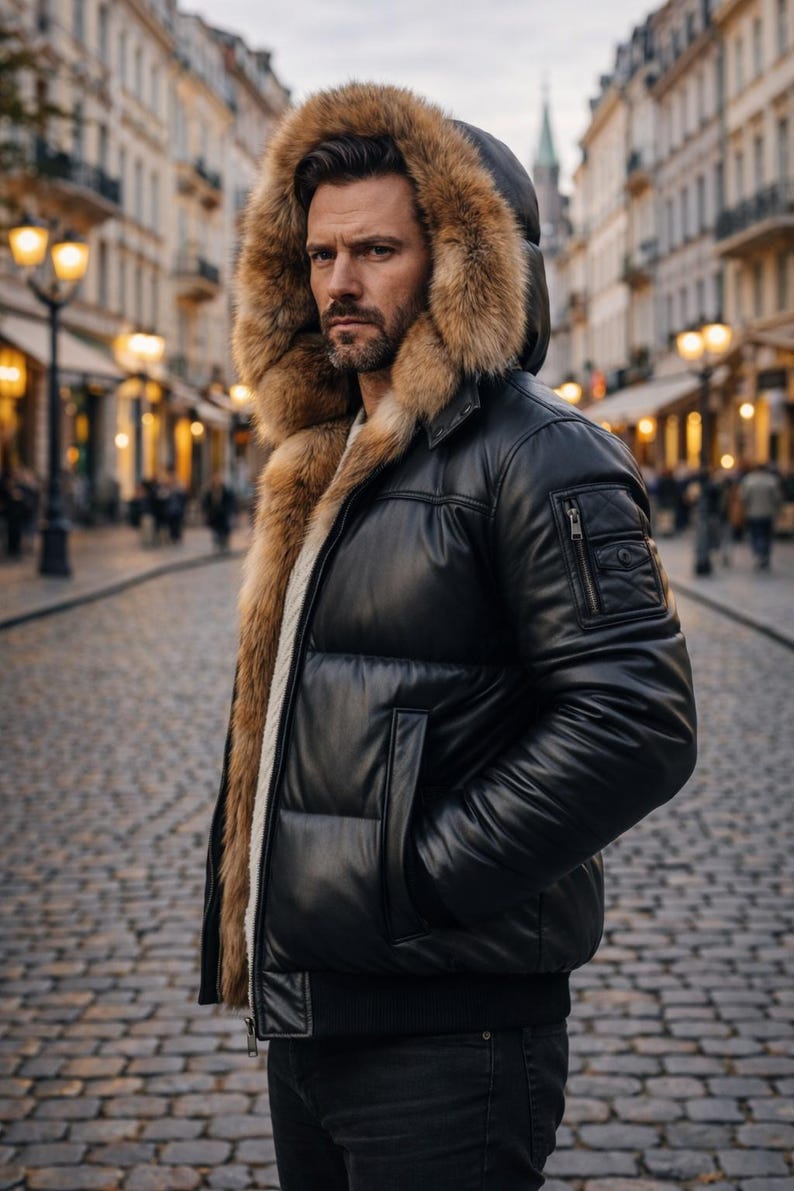 May include: Black leather jacket with a fur-lined hood. The jacket has a quilted design, a zipper pocket, and a ribbed hem. The fur trim is a light brown color. The jacket is worn over a white sweater.