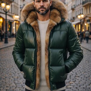 May include: A dark green puffer jacket with a fur-lined hood. The jacket has a black ribbed hem and cuffs. The person is wearing a cream-colored sweater and dark gray jeans. The background is a cobblestone street.