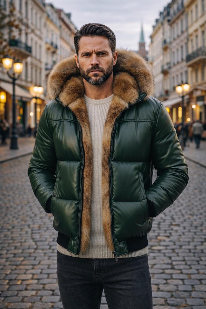 May include: A dark green puffer jacket with a fur-lined hood. The jacket has a black ribbed hem and cuffs. The person is wearing a cream-colored sweater and dark gray jeans. The background is a cobblestone street.