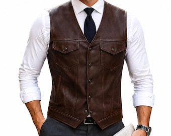 Chaleco de cuero marrón para hombre, auténtico, hecho a mano, estilo motero western, corte ajustado.