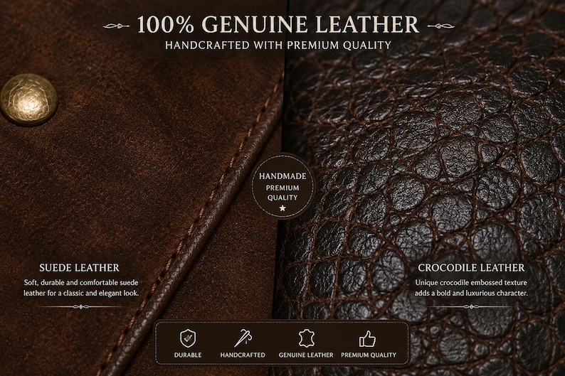May include: A split-view display of brown leather featuring a smooth suede texture on the left with a metallic button and a crocodile-embossed texture on the right. Text includes 100% GENUINE LEATHER, HANDCRAFTED WITH PREMIUM QUALITY, SUEDE LEATHER, and CROCODILE LEATHER.