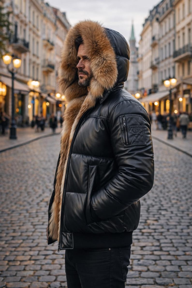 May include: Black puffer jacket with a fur-lined hood. The jacket has a glossy finish, a zippered chest pocket, and a ribbed hem. The fur trim is a light brown color. The jacket is worn with black pants.