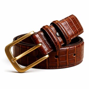 May include: A brown leather belt with a gold-colored buckle. The belt has a textured, crocodile-like pattern. The buckle is rectangular and has a shiny finish. The belt is a classic accessory.