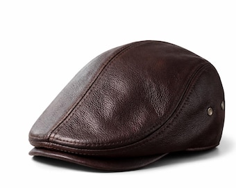 Men Genuine Brown Leather Flat Cap Handmade Ivy Driving Hat Classic Winter Gift