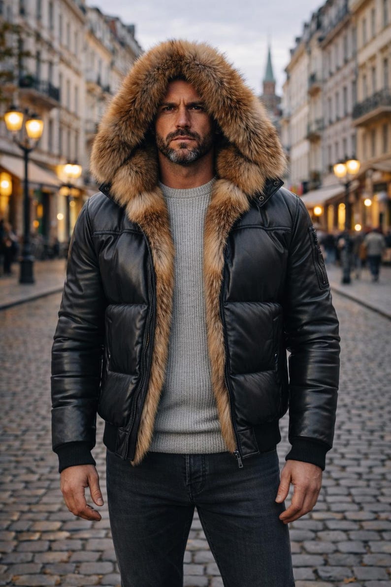 May include: Black leather puffer jacket with a fur-lined hood. The jacket has a brown fur trim and a black ribbed hem and cuffs. The person is wearing a gray sweater and dark wash jeans. The background is a cobblestone street.