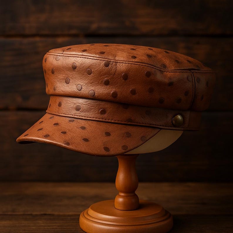 May include: A brown leather cap with a flat top and brim, adorned with evenly spaced, darker brown circular accents. The cap is displayed on a wooden hat stand against a dark wood background.