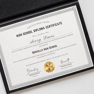 May include: A Borcelle High School diploma certificate printed on white paper with black text, featuring a gold foil seal, signatures from Richard Sanchez and Sebastian Bennett, and housed within a black protective folder with a wax seal stamp.