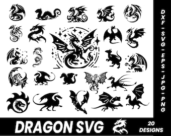 Pode incluir: Uma coleção de 20 designs de dragões pretos em várias poses e estilos. Os designs incluem dragões com asas, corpos enrolados e detalhes intrincados. O texto "DRAGON SVG" está na parte inferior, com "20 DESIGNS" à direita.
