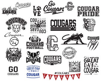 May include: A collection of black and white Cougar-themed graphics. Designs include text such as "Cougars", "Cougar Pride", and "Go Cougars", along with paw prints, cougar illustrations, and a football graphic. Ideal for sports fans.