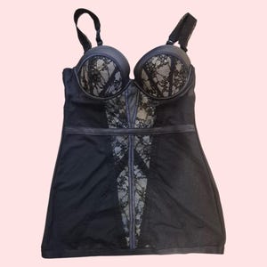 Black Lace & Powermesh Shaping Slip – Boned Underwire Bralette – UK 34B – Stretch Retro Lingerie