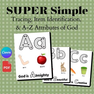 May include: Educational alphabet flashcards featuring tracing letters, illustrations of an arm, apple, bunny, carrot, and cup, with text reading SUPER Simple Tracing, Item Identification, & A-Z Attributes of God, God is Almighty, Beautiful, and Creative.