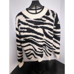 Vintage Lambo Zebra Print Fuzzy Pullover Sweater Womens Medium Crew Neck Casual
