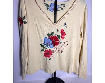 Blusa romántica vintage con cuello en V y manga larga con estampado floral estilo bohemio bordado a mano