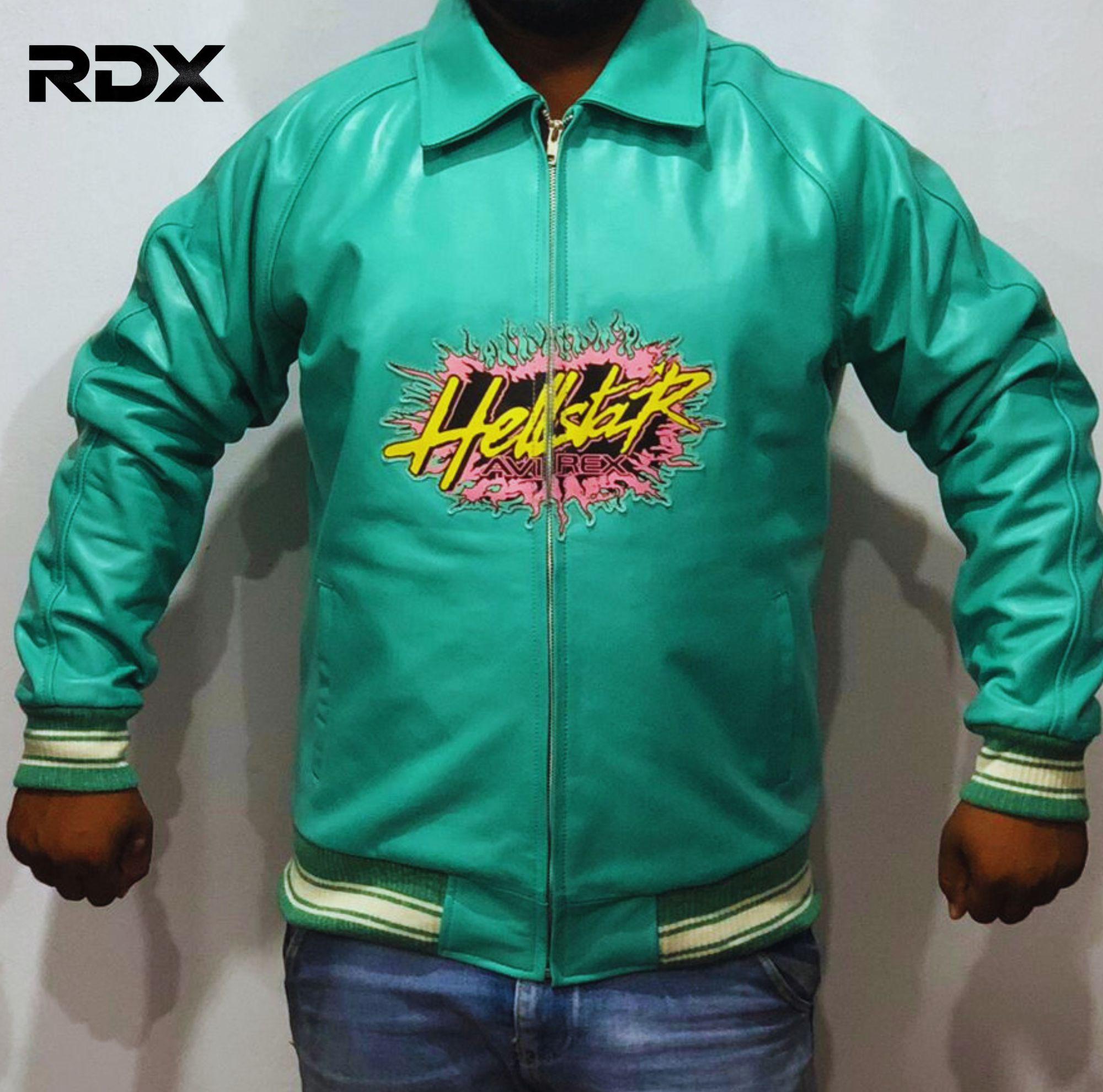 Genuine Leather Avirex Hellstar Bomber Jacket: Retro Varsity Green