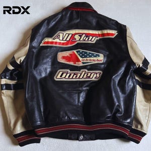 Avirex Genuine Leather Varsity Bomber Jacket: Retro Can-Am Hockey Outerwear