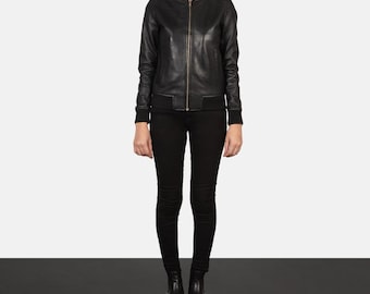 Giubbotto bomber in pelle nera – Giacca da motociclista unisex, realizzata a mano