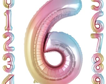 Globo de aluminio número 6 con degradado arcoíris de 40 pulgadas – Globo gigante de mylar con el número 6 para decoración de fiestas de sexto cumpleaños, aniversarios y más.