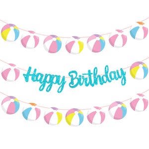 May include: A decorative banner featuring two strings of colorful beach ball cutouts in shades of pink, blue, yellow, and white, with a central glittery turquoise script cutout that reads Happy Birthday, all suspended on thin string.