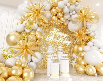 Kit de arco de globos blancos y dorados de 200 piezas con estrellas: globos de látex y confeti de 5 a 18 pulgadas para bodas, compromisos, cumpleaños y despedidas de soltera.