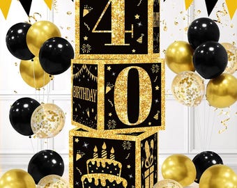 Cajas para globos de cumpleaños número 40 en color negro y dorado (3 unidades), decoraciones de feliz cumpleaños para hombres y mujeres, artículos para fiestas de 40 cumpleaños.