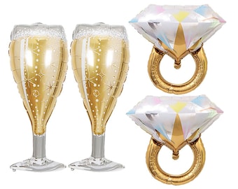 4PCS Bride Diamond Ring & Champagne Glass Foil Balloons for Bachelorette Party, Bridal Shower, Wedding and Engagement