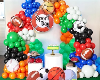Kit de guirnalda de globos deportivos (154 piezas): globos de béisbol, fútbol, baloncesto y fútbol americano para cumpleaños con temática deportiva y suministros para baby shower.