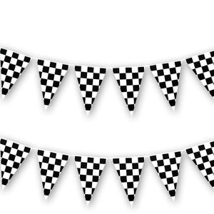 May include: Two strings of triangular pennant bunting featuring a black and white checkered pattern. Each string consists of multiple pennants attached to a thin white cord, creating a repeating geometric grid design across the entire length.