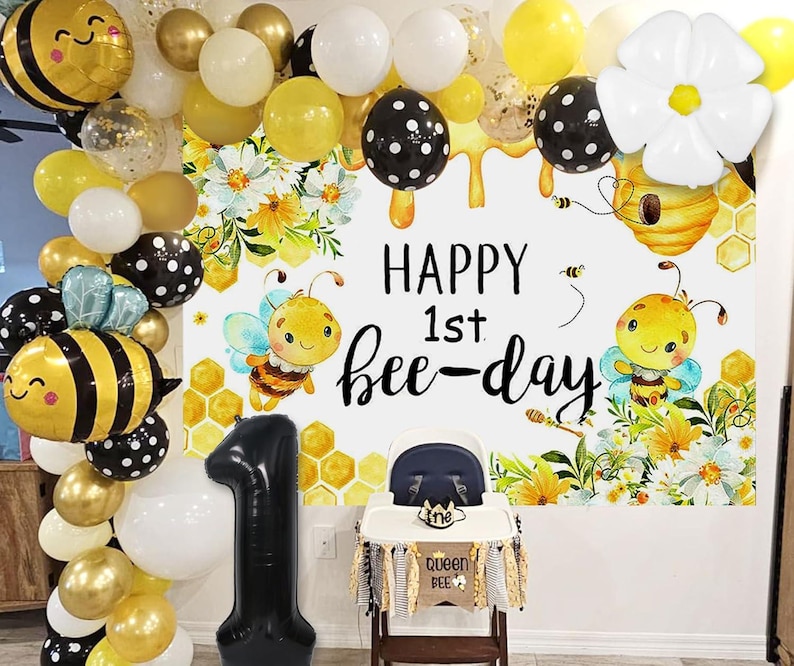 Bee Day Backdrop Bumble Bee Balloons and Decor for Boy Girl 1st ...