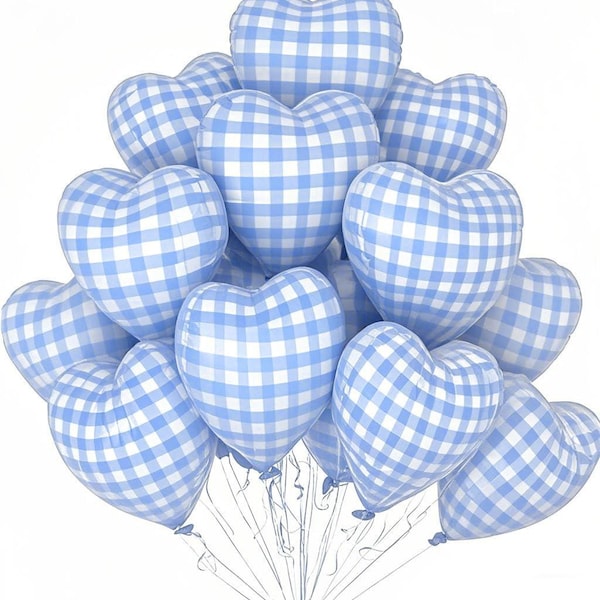 10 PCS Blue Checked Heart Balloons, 18-Inch Pastel Blue & White Plaid for Wedding, Valentine And Party Decor