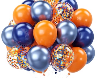 Globos azules y naranjas de 12 pulgadas, azul marino y naranja con confeti azul metálico y cinta para la decoración de fiestas de graduación.