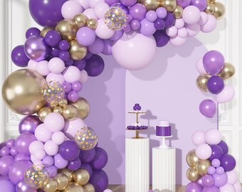 Kit de arco de guirnalda de globos morados de 156 piezas con mariposas, confeti dorado y globos lavanda para cumpleaños, baby showers y bodas.
