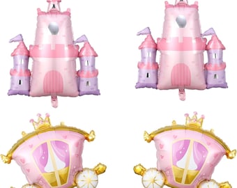 4 globos de fiesta de cumpleaños de princesa con globos de aluminio de 30 pulgadas con forma de carruaje de castillo para decoraciones de baby shower de niña princesa (juego de 4 piezas)