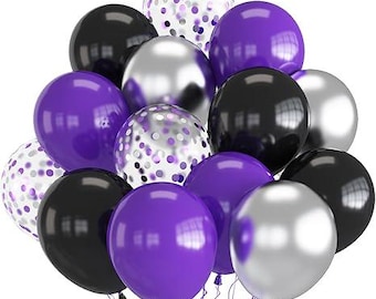 Globos morados, negros y plateados para decoración de fiestas (70 unidades)