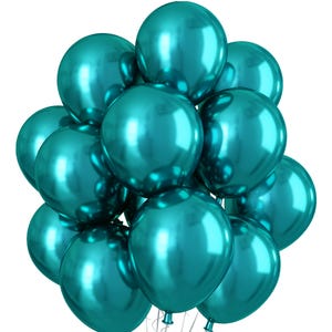 May include: A cluster of round, metallic teal balloons with a glossy, reflective surface. The balloons are grouped together in a dense arrangement, showcasing a vibrant, uniform shade of blue-green with bright highlights on their curved surfaces.