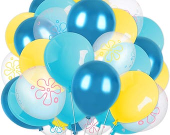 60 globos de esponja de dibujos animados para fiesta, diseño de bikini, flor, burbuja, estampado, color verde azulado, azul, amarillo, transparentes, para decoración de fiestas de cumpleaños y baby shower.