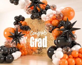 Kit de guirnalda de globos de 141 piezas en naranja, negro y blanco con confeti y globos de estrella de papel de aluminio para decoración de Halloween, graduación y cumpleaños.