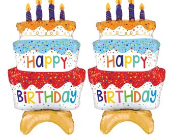 2PCS 39" Happy Birthday Cake Foil Balloons Giant Self-Standing 3 Layer Birthday Decorations for Kids & Baby Shower