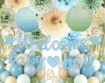 Dusty Blue Sage Green Baby Shower Decorations Set with Welcome Baby Banner, Balloons, Cake Topper & Paper Fans