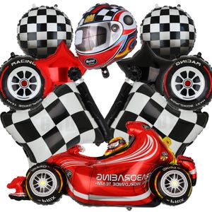 May include: A collection of racing-themed foil balloons. Includes a red race car, a racing helmet, checkered flags, star-shaped balloons, and tire-shaped balloons. The balloons are in red, black, white, and silver.