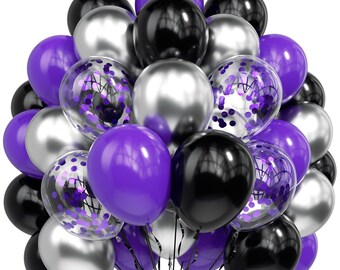 70 globos de látex de 30 cm (12 pulgadas) en colores morado, negro y plateado metalizado con confeti morado para Halloween, cumpleaños, graduaciones y decoración de fiestas.