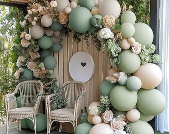 Dusty Green White Balloon Garland Kit, Sage Green Cream Beige Latex Balloons for Baby Shower, Wedding & Birthday Decor