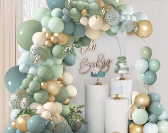 Dusty Blue Sage Green Balloon Arch Kit Pastel Boho Garland with Gold Confetti for Wedding, Birthday & Party Backdrop Decor