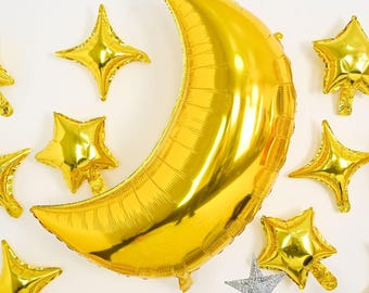 Globos de luna y estrellas dorados, globos de aluminio con forma de estrella y cuatro estrellas en ángulo para baby shower, aniversario, compromiso, boda, fiesta de cumpleaños.