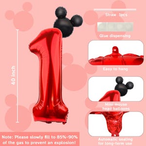 May include: A 101.6 cm red number one foil balloon with a black mouse-shaped balloon topper. The set includes a straw, glue dots, and features an automatic sealing valve. The balloon has a hanging tab and is designed for inflation to 85-90 percent.