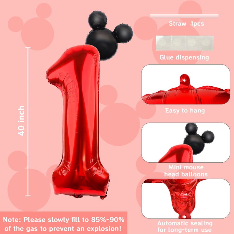 May include: A 101.6 cm red number one foil balloon with a black mouse-shaped balloon topper. The set includes a straw, glue dots, and features an automatic sealing valve. The balloon has a hanging tab and is designed for inflation to 85-90 percent.