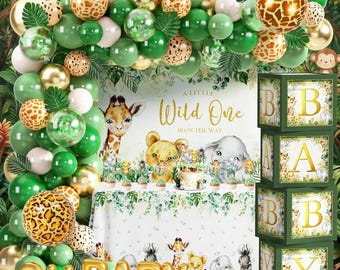 Safari Baby Shower Decorations for Boy, 116PCS Jungle Theme Party Kit with Balloon Arch, Backdrop, Tablecloth & Baby Boxes