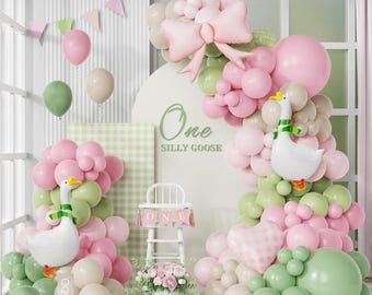 Kit de arco de globos de Silly Goose: cuadros rosas, ganso andante, cumpleaños de granja