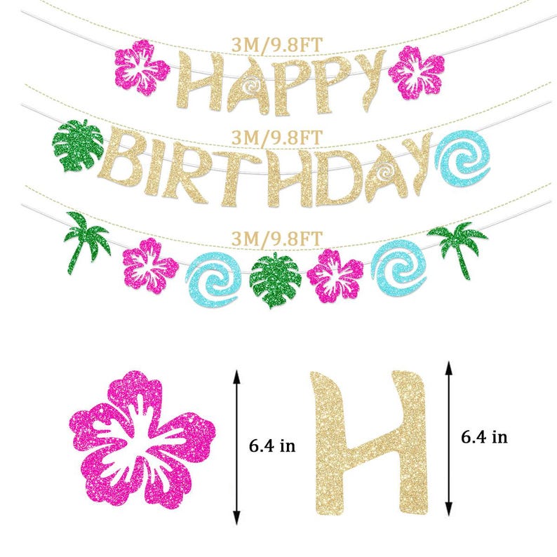 K&ouml;nnte beinhalten: Ein glitzerndes goldenes Happy Birthday-Banner mit rosa Hibiskusbl&uuml;ten, gr&uuml;nen Palmbl&auml;ttern und blauen Wellensymbolen. Das Banner ist 3m lang. Einzelne Ausschnitte umfassen eine 16,26 cm gro&szlig;e rosa Hibiskusbl&uuml;te und einen 16,26 cm hohen goldenen Buchstaben H.